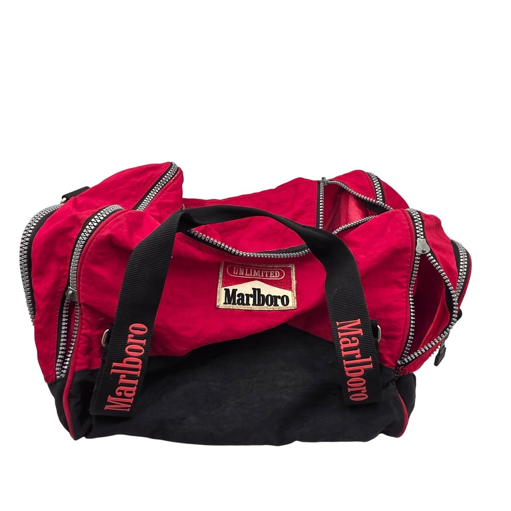 Vintage Marlboro Unlimited Duffel Bag Red Black Nylon Travel Gym Bag 16 Inch